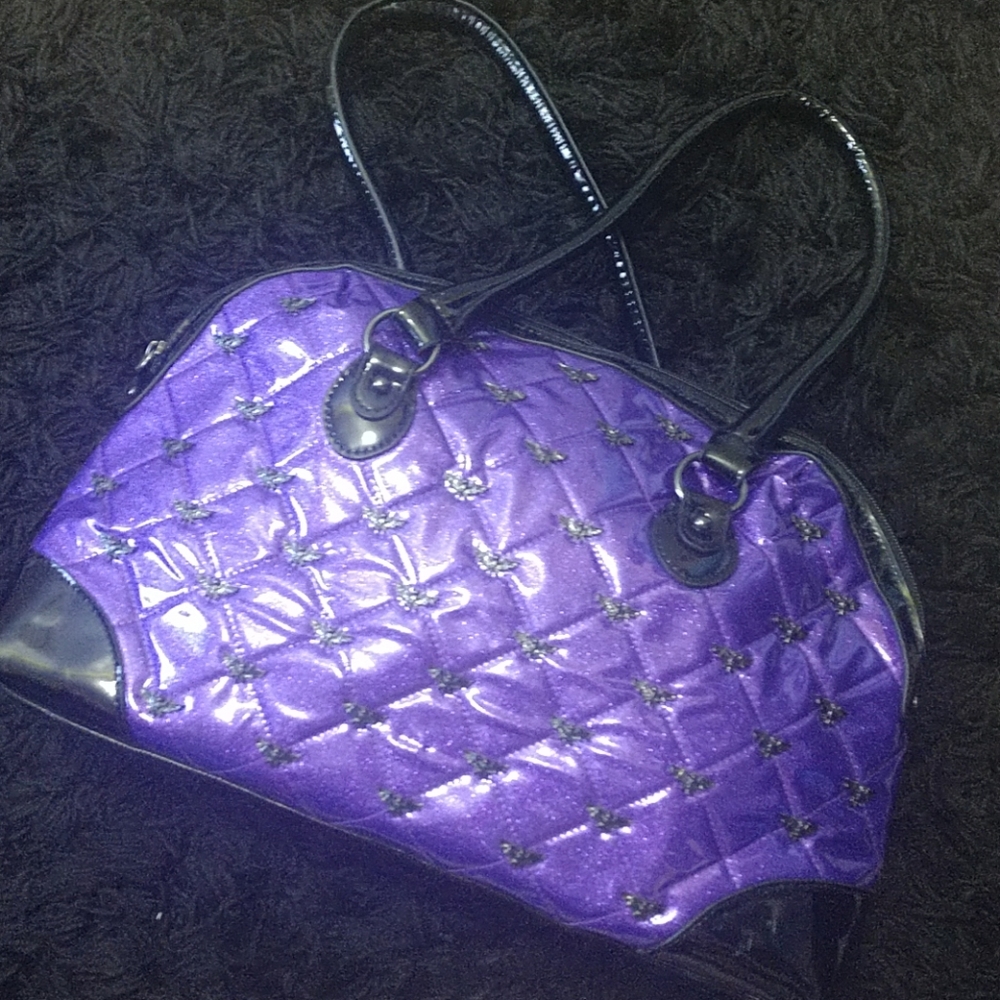 GG Rose Bat Purse metallic purple and Black paten